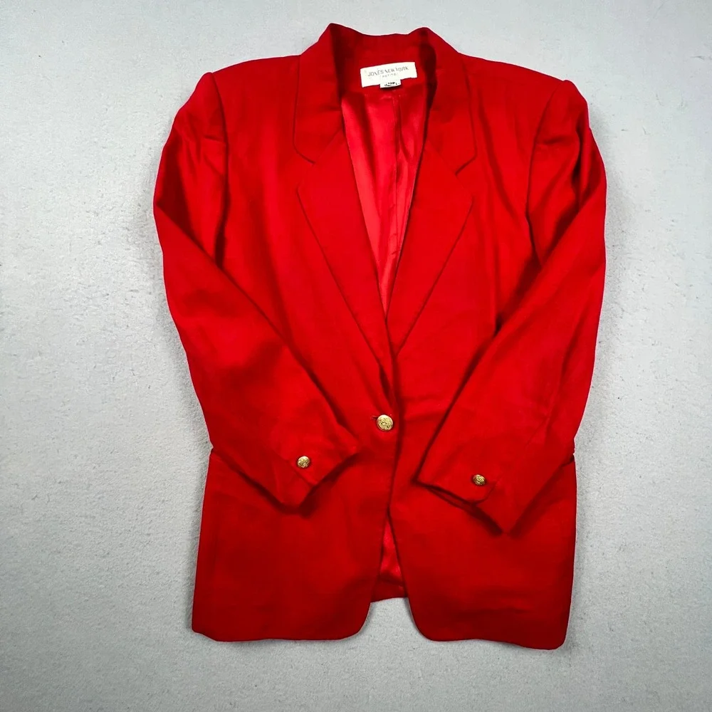 Jones New York Blazer Women 12P Red Gold Crest Button VTG Professional Office